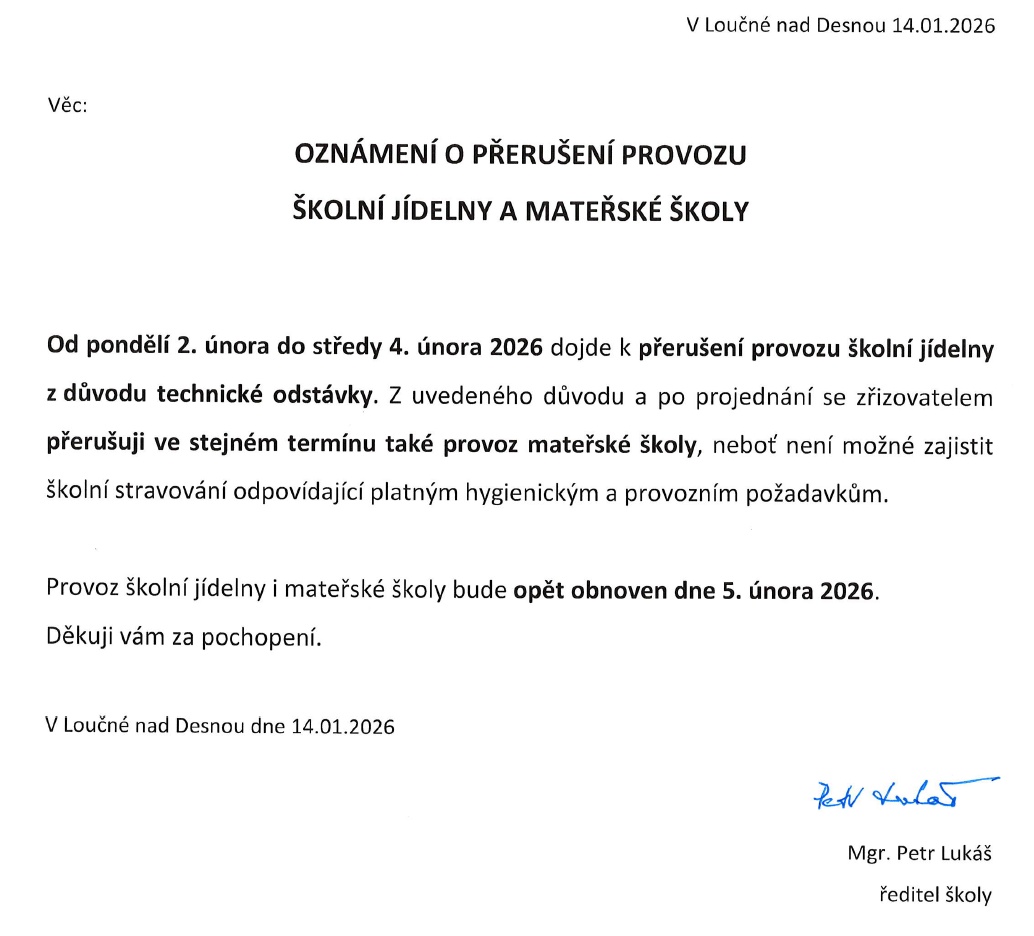 2.– 4.2.2026 Odstávka ŠJ a MŠ